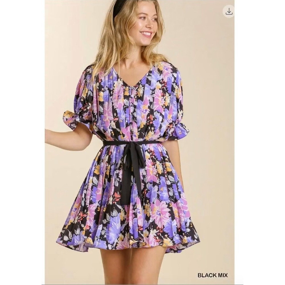 Umgee Floral Puff Sleeve Pleated Flare Mini Dress Belted Boho Chic Sz S